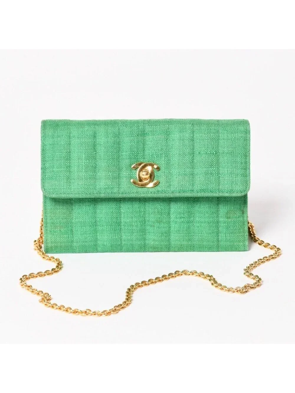 Chanel Quilted Linen S Flap Mini Bag Green Gold